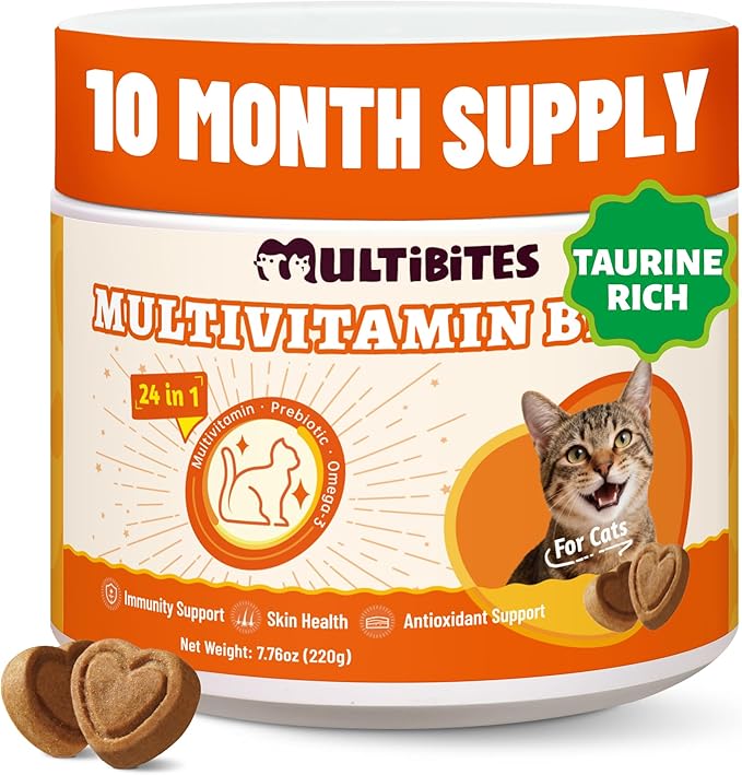 24-in-1 cat vitamin chews with lysine, taurine, and essential nutrients. Daily supplement for indoor and senior cats. 330 chewable bites. 没标sku