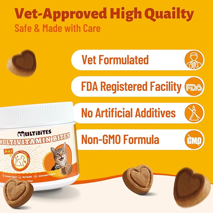 24-in-1 cat vitamin chews with lysine, taurine, and essential nutrients. Daily supplement for indoor and senior cats. 330 chewable bites. 没标sku