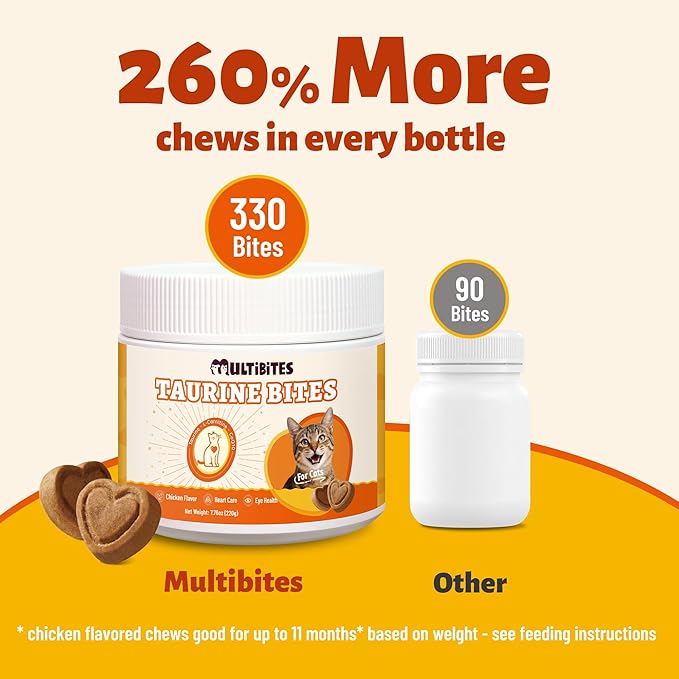 330 Bites Taurine Chews for Cats, Gentle Heart & Eye Health Support Supplement with Omega-3, CoQ10, Lutein and Vitamins, Natural Antioxidant Formula for Kittens, Adult and Senior Cats, 7.76 oz