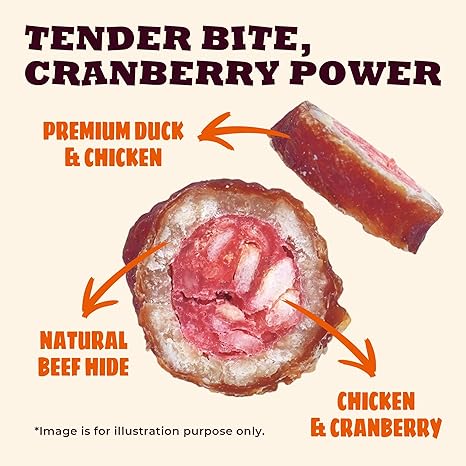 Real Duck & Cranberry Filled Roll Dog Treats, Beef Hide Dental Chews for Tartar Management, Puppy Training Snacks for Small, Large & All Breeds, 7.05oz
