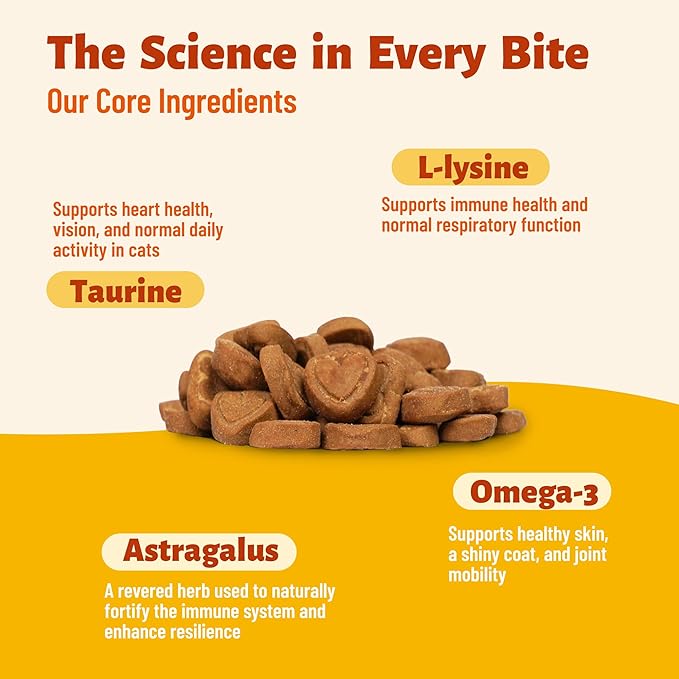 L-Lysine Cat Chews, Chicken Flavor Daily Supplements with Taurine, Omega 3 & Multivitamins, Immune, Respiratory & Eye Support Snacks for Cats and Kittens
