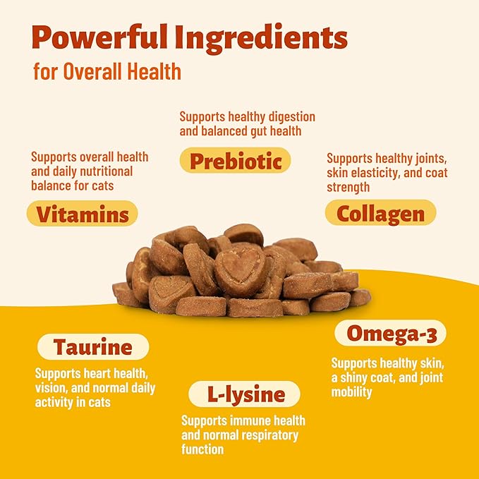 24-in-1 cat vitamin chews with lysine, taurine, and essential nutrients. Daily supplement for indoor and senior cats. 330 chewable bites. 没标sku