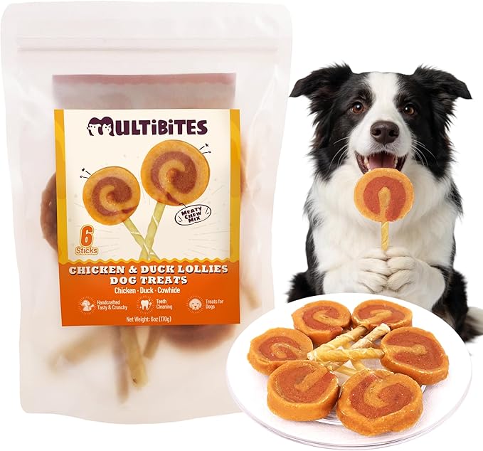 Healthy Lollipop Dog Treats, Chicken & Duck Flavor Rawhide Twist Sticks, High Protein Daily Snack with Oral Care Support for Small and Medium Dogs, 6 oz, 6 Count