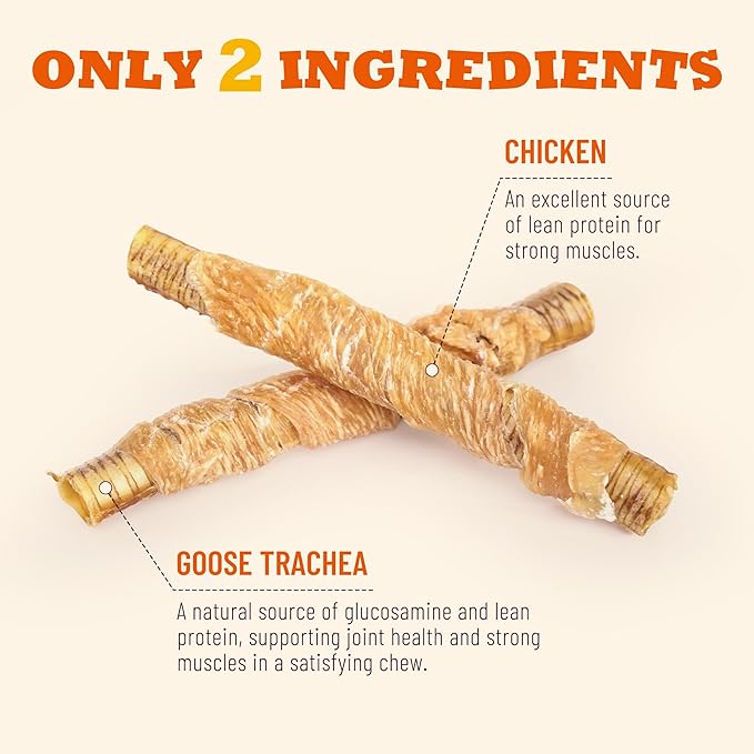 6 oz Chicken & Goose Trachea Wraps Dog Treats, Gluten-Free High Protein Low Fat, Digestive & Joint Support with Collagen