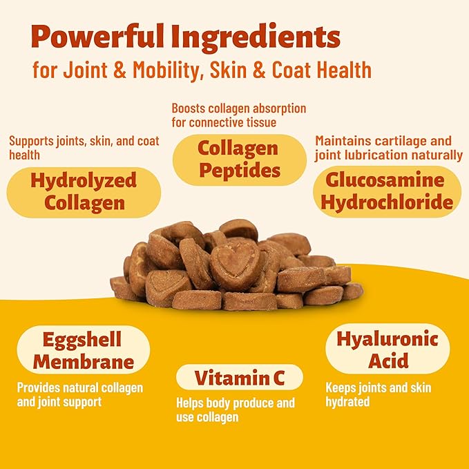 7.76oz 330 Bites Collagen Supplement for Dogs, Hydrolyzed Collagen & Hyaluronic Acid Formula, Daily Vitamins for Joint Mobility, Skin & Coat Care