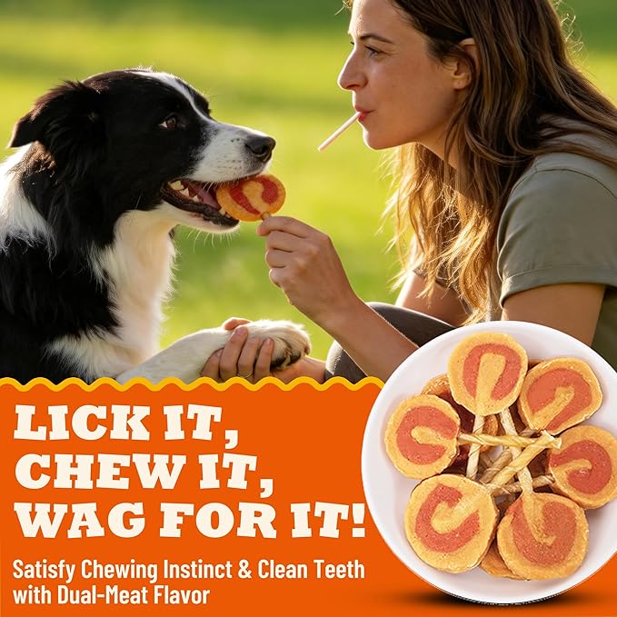 Healthy Lollipop Dog Treats, Chicken & Duck Flavor Rawhide Twist Sticks, High Protein Daily Snack with Oral Care Support for Small and Medium Dogs, 6 oz, 6 Count