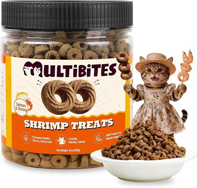 10.58 oz Salmon Flavor Shrimp Cat Treats, Skin & Coat Support Training Snacks for Indoor Cats