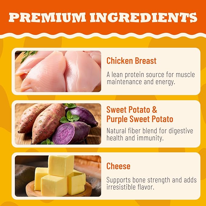 16.58oz Cheese Dog Treats with Sweet Potato & Purple Sweet Potato, Natural Savory-Sweet Snacks for Puppies, Adult & Senior Dogs, for Digestive Support