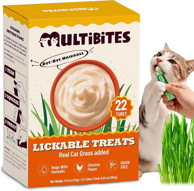 22 Tubes Lickable Cat Treats, Creamy Squeezable Cat Grass Snacks with Taurine & Vitamins, Hairball & Digestive Support