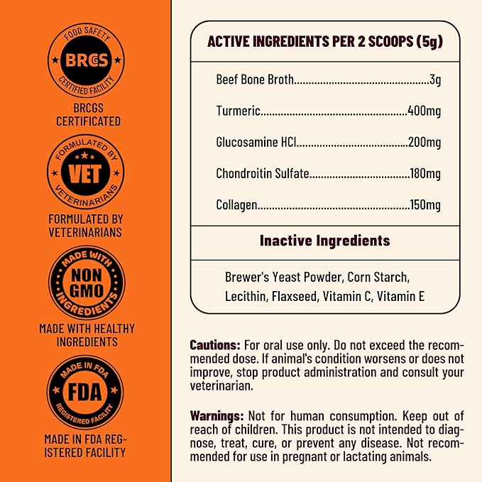 3.88oz 5X Collagen Powder for Dogs & Cats, Hip & Joint Supplement with MSM, Hyaluronic Acid & Marine Collagen, Supports Mobility, Skin & Coat Health, Chicken Flavor Food Topper