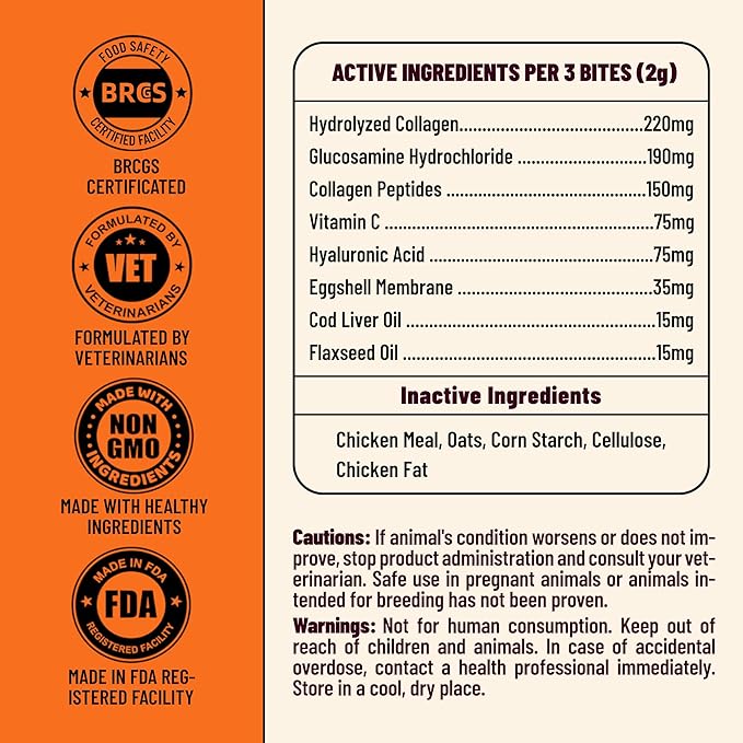 7.76oz 330 Bites Collagen Supplement for Dogs, Hydrolyzed Collagen & Hyaluronic Acid Formula, Daily Vitamins for Joint Mobility, Skin & Coat Care