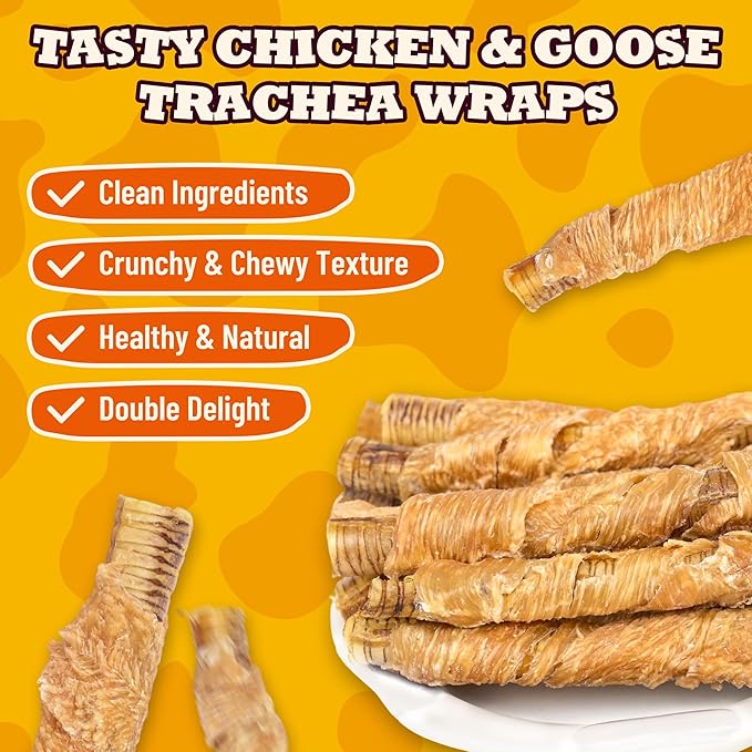 6 oz Chicken & Goose Trachea Wraps Dog Treats, Gluten-Free High Protein Low Fat, Digestive & Joint Support with Collagen