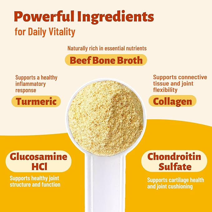 7.05oz Bone Broth Powder for Dogs, Beef Bone Broth Dog Food Topper with Turmeric & Glucosamine, Supports Joint, Digestive & Skin Health, Daily Dog Supplements