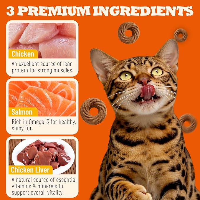 10.58 oz Salmon Cat Treats, Omega-3 with Real Salmon, Fish Oil & Chicken Livers, Easy-Digestible Protein for Kittens with Sensitive Stomachs