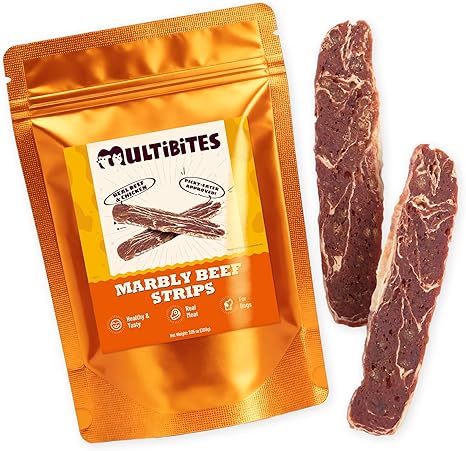 Marbly Beef Strips Dog Jerky Treats, Natural High Protein Beefhide Dental Chews, Hip & Joint Support, Training Rewards for Small Large Dogs, 7.05oz