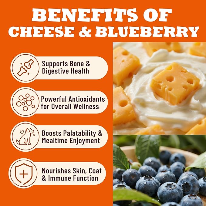 16.58oz Natural Cheese Dog Treats with Blueberry & Honey, Savory-Sweet Chewy Snacks for All Life Stages & Vision Support