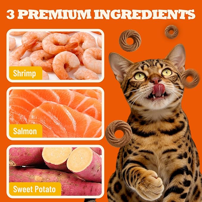 10.58 oz Salmon Flavor Shrimp Cat Treats, Skin & Coat Support Training Snacks for Indoor Cats