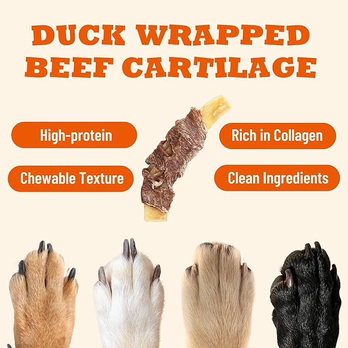 Duck Wrapped Beef Cartilage, Duck Treats for Dogs, Rawhide Free Dog Chews Long Lasting, Dog Training Treats, 5 oz