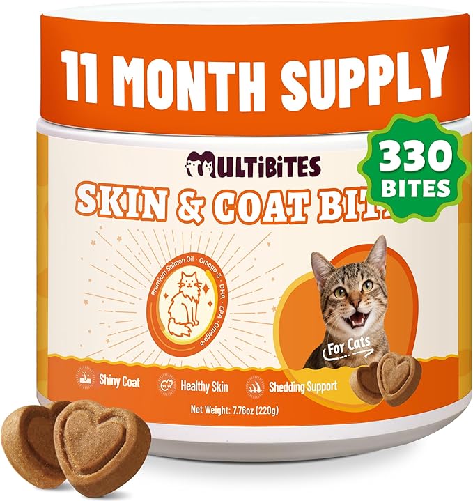 7.76oz MULTIBITES Skin & Coat Wellness Bites for Cats, Omega 3 & Omega 6 from Salmon Oil, Vitamin E and Biotin Formula, Daily Nutritional Support for Feline Skin Care and Coat Maintenance