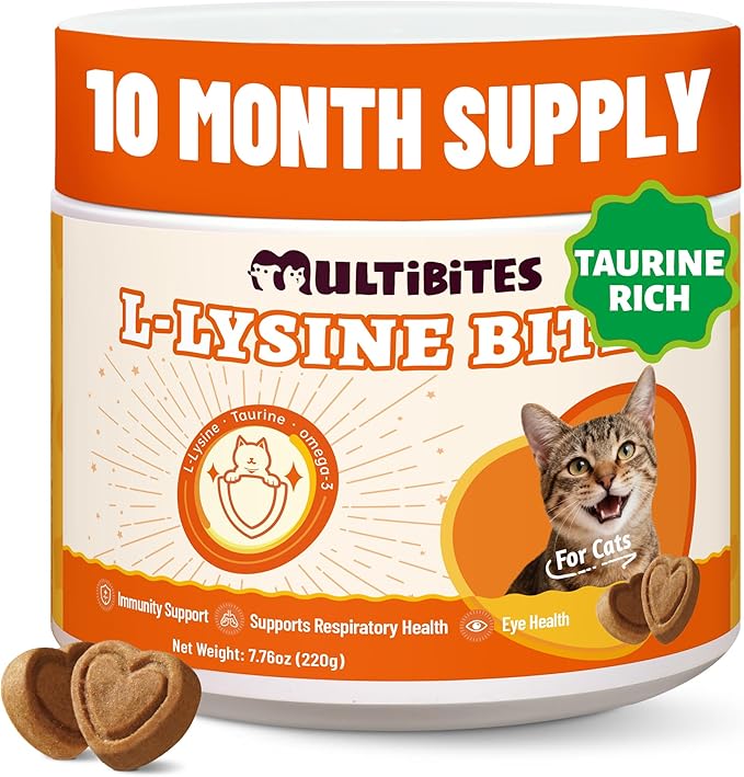 L-Lysine Cat Chews, Chicken Flavor Daily Supplements with Taurine, Omega 3 & Multivitamins, Immune, Respiratory & Eye Support Snacks for Cats and Kittens