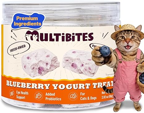 Freeze Dried Blueberry Yogurt Treats for Cats & Dogs, Crunchy High Protein Pet Snacks with Probiotics, Daily Digestive & Eye Wellness Support, Training Rewards and Food Toppers, 2.82 oz