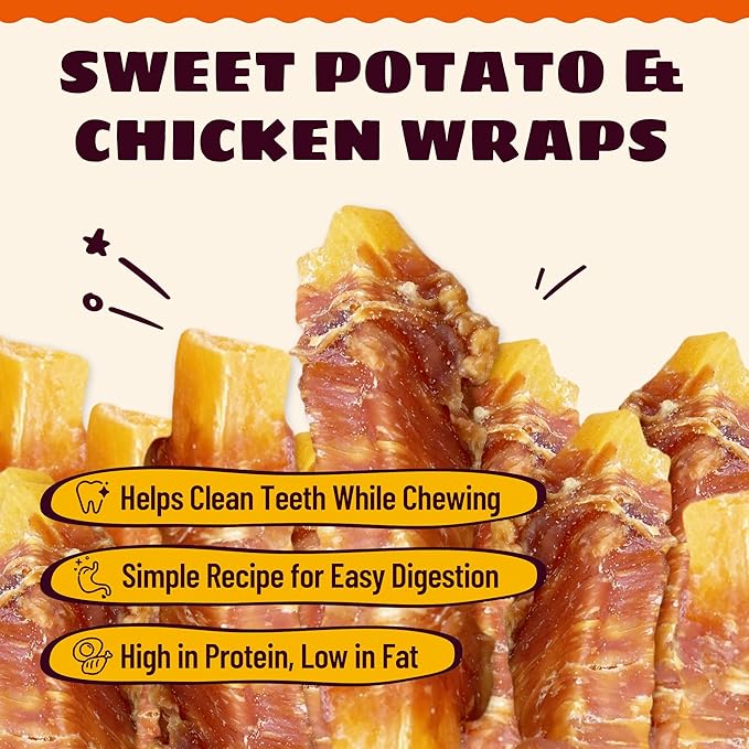 Chicken Wrapped Sweet Potato Dog Treats, Grain Free High Protein Chicken Jerky Snacks, Gentle Digestive & Oral Wellness Support for Small, Medium and Large Dogs, 6 oz