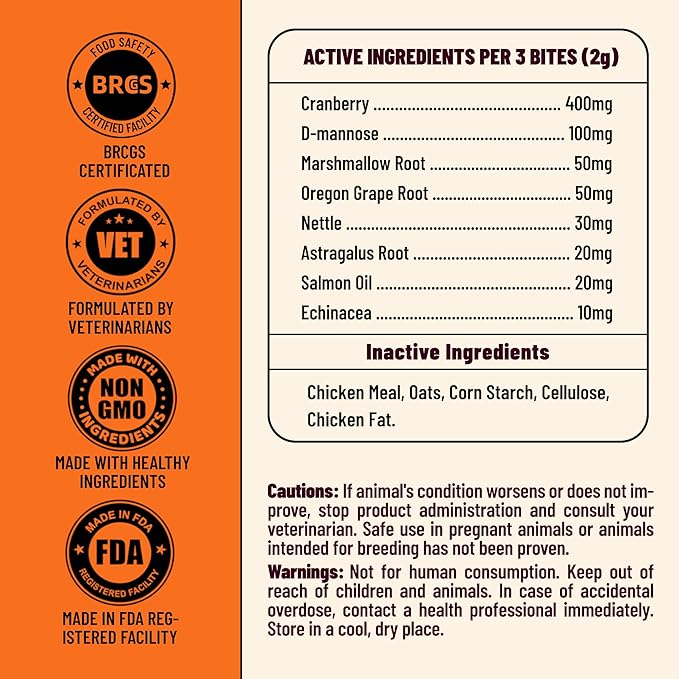 7.76oz Chicken Flavor Crunchy Cat Chews with Cranberry, D-Mannose, Marshmallow Root & Salmon Oil for Urinary Tract Support