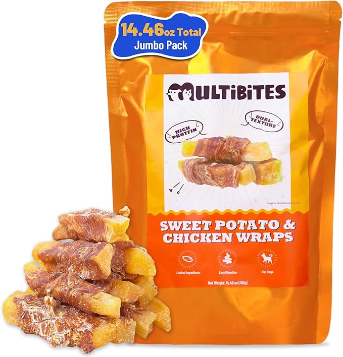 Chicken Wrapped Sweet Potato Dog Treats, Grain Free High Protein Jerky Snacks, Daily Digestive Balance & Oral Wellness Support for Small, Medium and Large Dogs, 14.46 oz