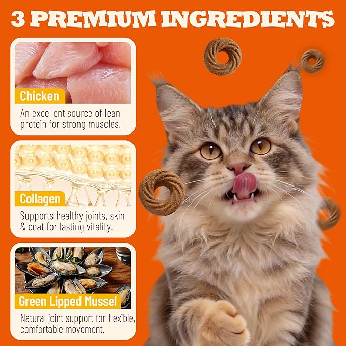 10.58 oz Crunchy Collagen Cat Treats, Glucosamine & Green Lipped Mussel & Vitamins, Hip & Joint Support